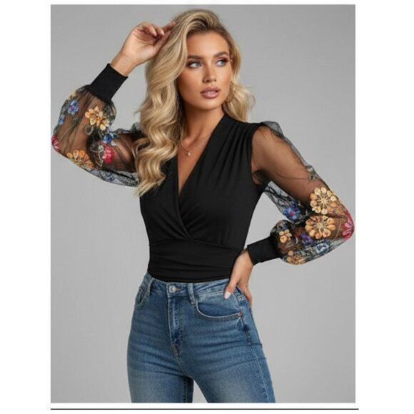 Boho Floral Embroidered Lantern Sleeves Top Black - Picture 4 of 10